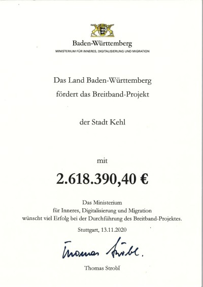 Breitband Zuwendungsbescheid des Landes